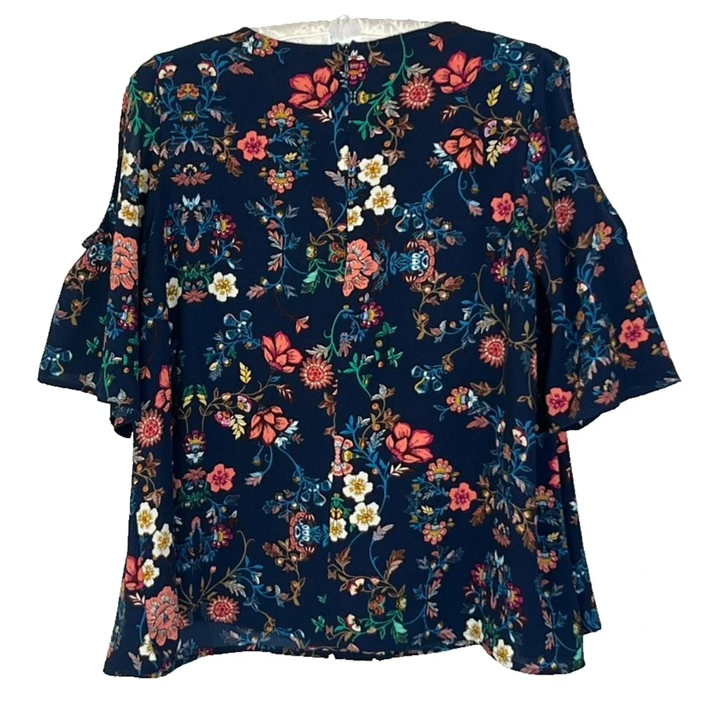Haute Monde Blouse Womens Size XL Navy Floral Short 3/4 Sleeve Back Zip